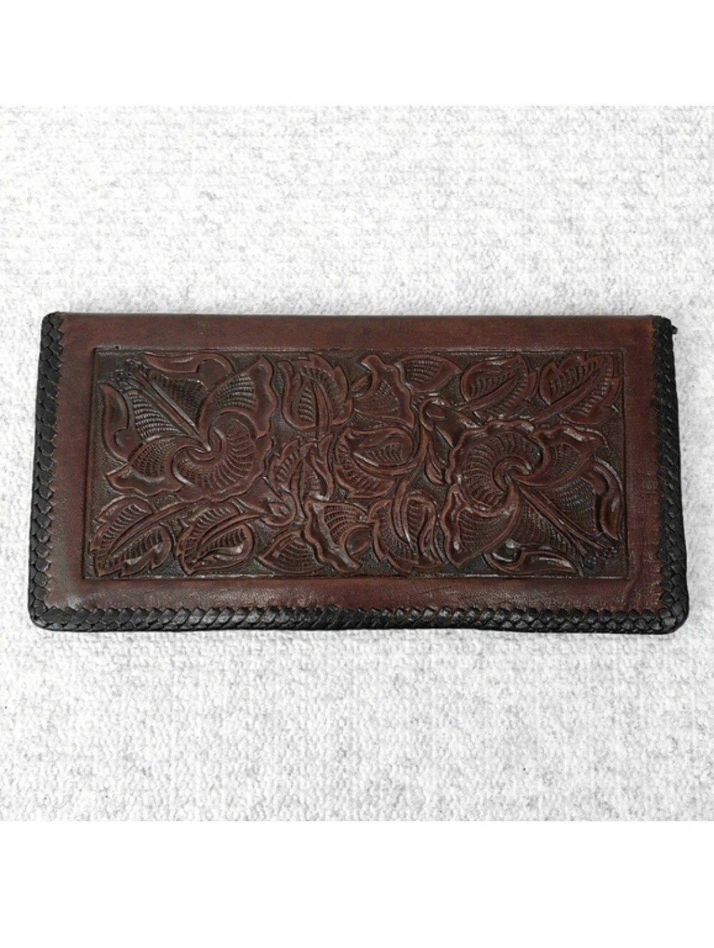 Vintage Floral Embossed Brown Leather Tooled Wallet
